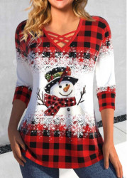 Modlily Plus Size Red Criss Cross Snowman Print T Shirt - 1X