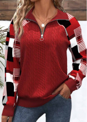 Modlily Plus Size Red Patchwork Plaid Long Sleeve Sweatshirt - 1X