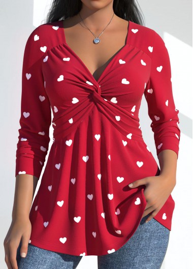 Modlily Plus Size Red Twist Heart Print T Shirt - 1X