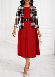 Modlily Plus Size Red Two Piece Plaid Belted Dress - 1X