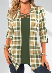 Modlily Plus Size Sage Green Fake 2in1 Plaid Blouse - 1X