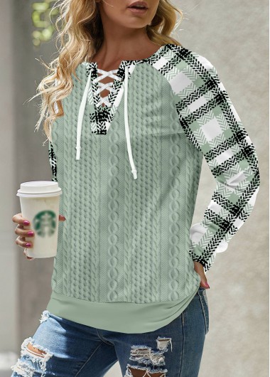 Modlily Plus Size Sage Green Lace Up Plaid Sweatshirt - 1X