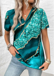 Modlily Plus Size Turquoise Button Marble Print T Shirt - 1X