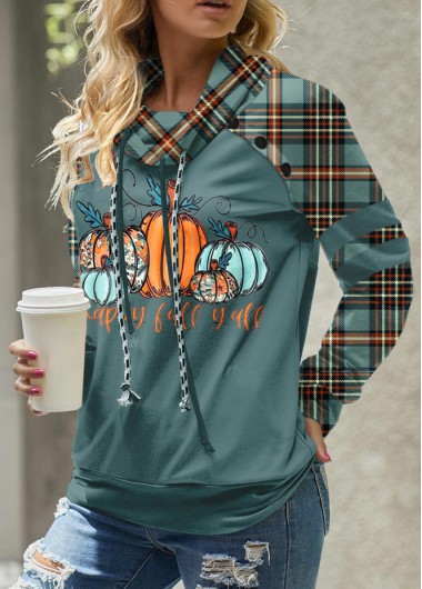 Modlily Plus Size Turquoise Patchwork Plaid Long Sleeve Sweatshirt - 1X