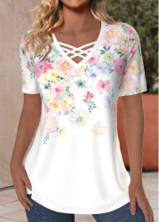 Modlily Plus Size White Criss Cross Floral Print T Shirt - 1X