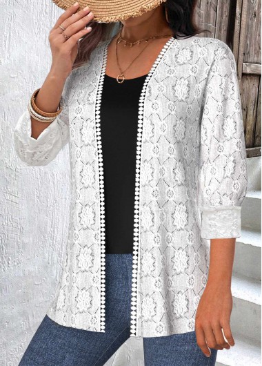 Modlily Plus Size White Lace 3/4 Sleeve Coat - 3X