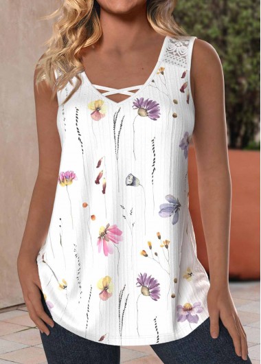 Modlily Plus Size White Lace Floral Print Sleeveless Tank Top - 1X