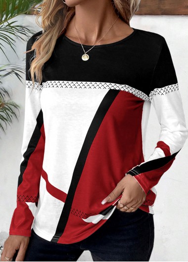 Modlily Plus Size Wine Red Patchwork Geometric Print T Shirt - 1X