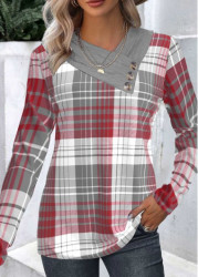 Modlily Plus Size Wine Red Patchwork Plaid Long Sleeve Sweatshirt - 1X