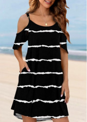 Modlily Pocket Striped Black Cold Shoulder Cover Up - S