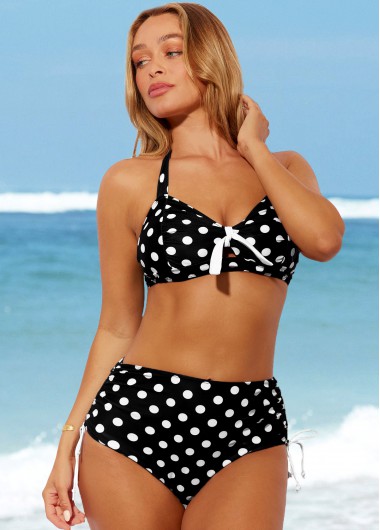 Modlily Polka Dot Black High Waisted Halter Bikini Set - M