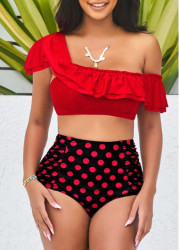 Modlily Polka Dot High Waist Flounce Red Smocked Bikini Set - L