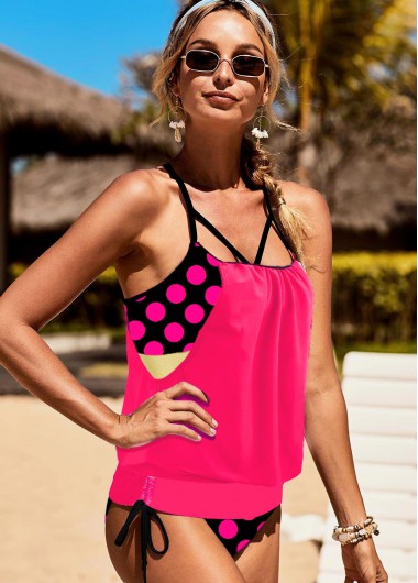 Modlily Polka Dot Hot Pink Tie Tankini Set - L