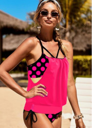 Modlily Polka Dot Hot Pink Tie Tankini Set - L