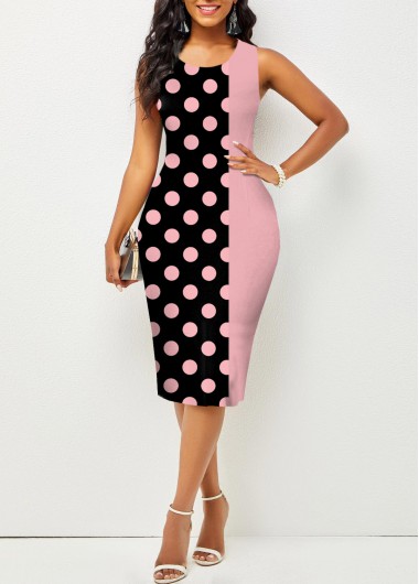 Modlily Polka Dot Pink Round Neck Sleeveless Bodycon Dress - M