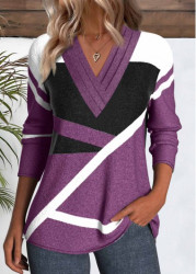 Modlily Purple Button Geometric Print Long Sleeve T Shirt - S