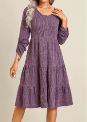 Modlily Purple Button Long Sleeve Round Neck Dress - S