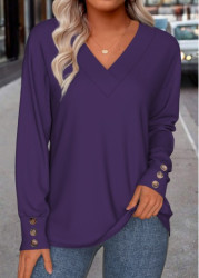 Modlily Purple Button Long Sleeve V Neck Sweatshirt - S