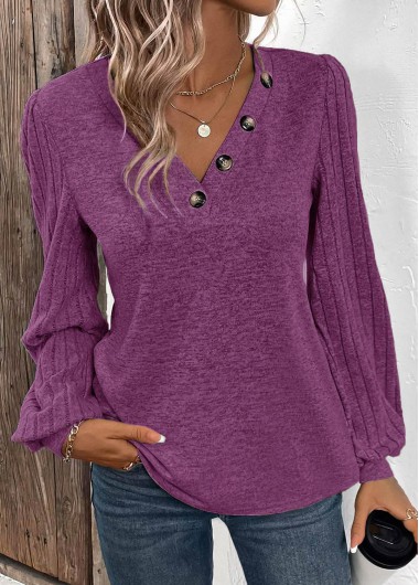 Modlily Purple Button Long Sleeve V Neck T Shirt - S