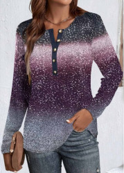 Modlily Purple Button Ombre Long Sleeve Round Neck T Shirt - M