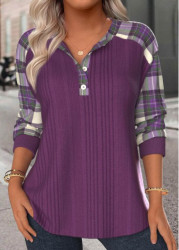 Modlily Purple Button Plaid Long Sleeve Split Neck Sweatshirt - S