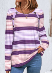 Modlily Purple Button Striped Long Sleeve T Shirt - M