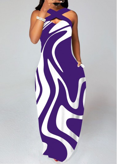 Modlily Purple Criss Cross Geometric Print Maxi Dress - S