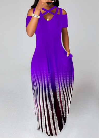 Modlily Purple Criss Cross Ombre Maxi A Line Dress - M