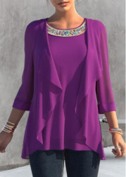 Modlily Purple Embellished Neck 3/4 Sleeve T Shirt - M