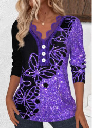 Modlily Purple Embroidery Butterfly Print Long Sleeve T Shirt - M