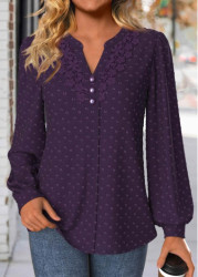 Modlily Purple Embroidery Long Sleeve Split Neck Blouse - S