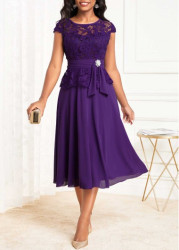 Modlily Purple Lace Cap Sleeve Round Neck Dress - S