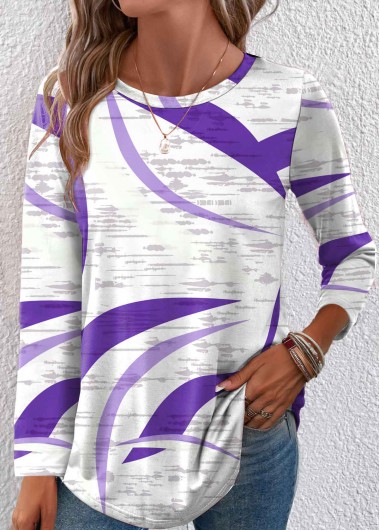 Modlily Purple Lightweight Geometric Print Long Sleeve T Shirt - S