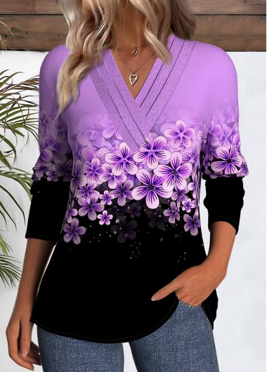 Modlily Purple Patchwork Floral Print Long Sleeve T Shirt - M