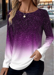 Modlily Purple Patchwork Ombre Long Sleeve Round Neck T Shirt - S