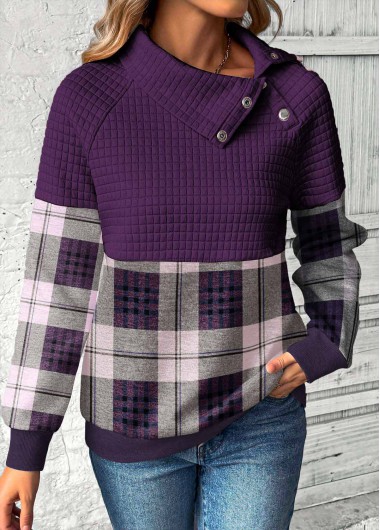 Modlily Purple Patchwork Plaid Long Sleeve Asymmetrical Neck Sweatshirt - M