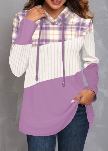 Modlily Purple Patchwork Plaid Long Sleeve Hoodie - S