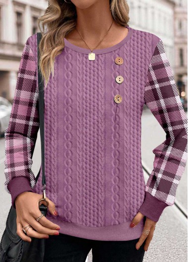 Modlily Purple Patchwork Plaid Long Sleeve Round Neck Sweatshirt - S