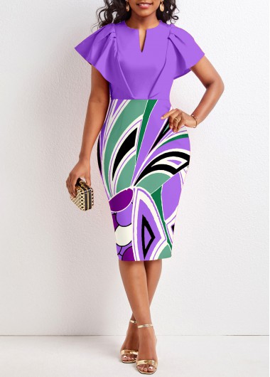 Modlily Purple Ruffle Geometric Print Short Sleeve Bodycon Dress - XL