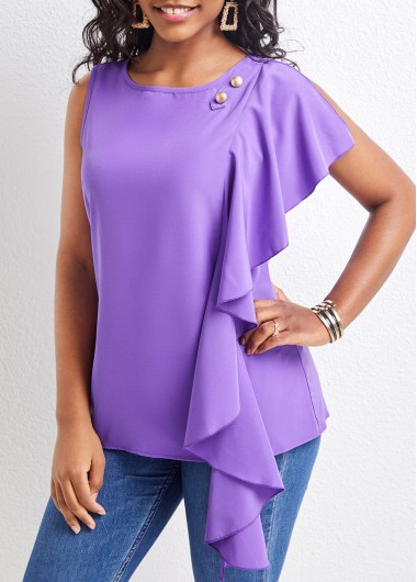 Modlily Purple Ruffle Sleeveless Round Neck Blouse - S