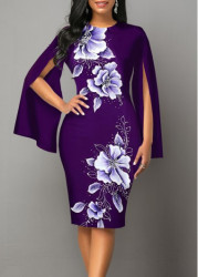 Modlily Purple Split Floral Print Long Sleeve Bodycon Dress - M