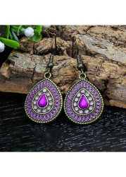 Modlily Purple Teardrop Retro Metal Detail Earrings - One Size