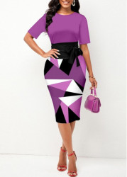 Modlily Purple Tie Geometric Print Short Sleeve Bodycon Dress - XXL