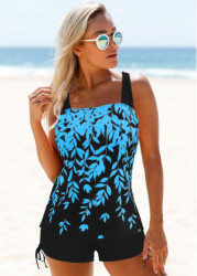 Modlily Purplish Blue Leaf Print Tankini Swimsuit With Swim Shorts Printed Spaghetti Strap Drawstring Side Tankini Set - S