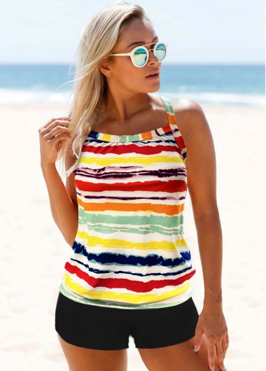 Modlily Rainbow Color Criss Cross Back Wide Strap Tankini Set - M