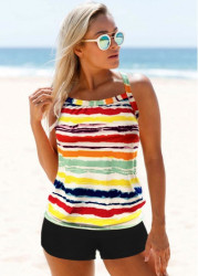 Modlily Rainbow Color Criss Cross Back Wide Strap Tankini Set - M