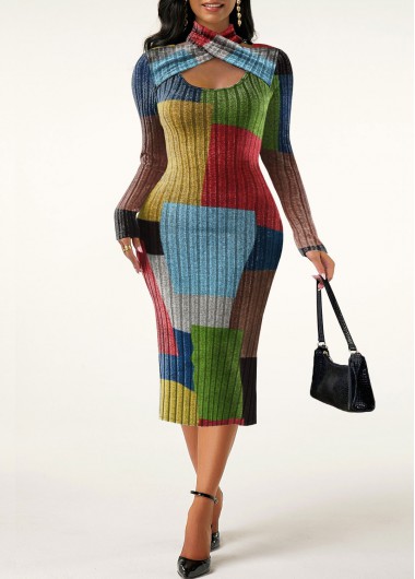 Modlily Rainbow Color Criss Cross Halter Bodycon Dress - M