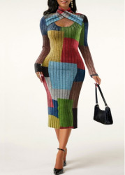 Modlily Rainbow Color Criss Cross Halter Bodycon Dress - M