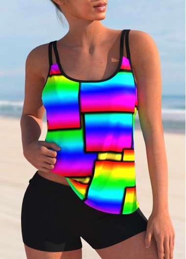 Modlily Rainbow Color Geometric Print Tankini Set - S