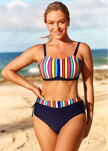 Modlily Rainbow Color High Waisted Striped Bikini Set - XL